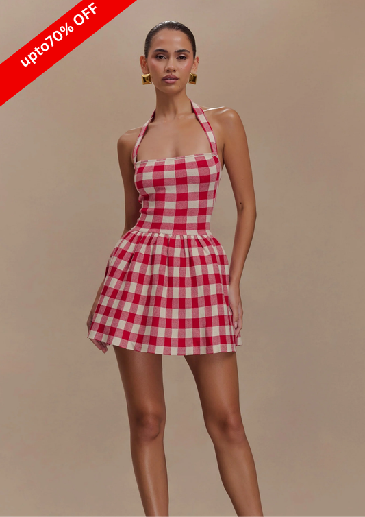 HALTER GINGHAM PRINT MINI DRESS