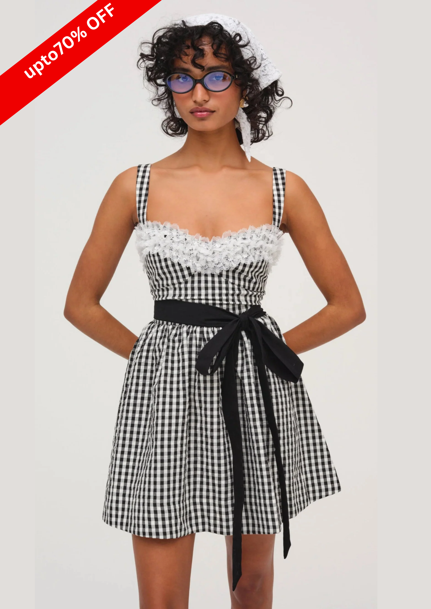 GINGHAM PRINT LACE DETAIL MINI DRESS