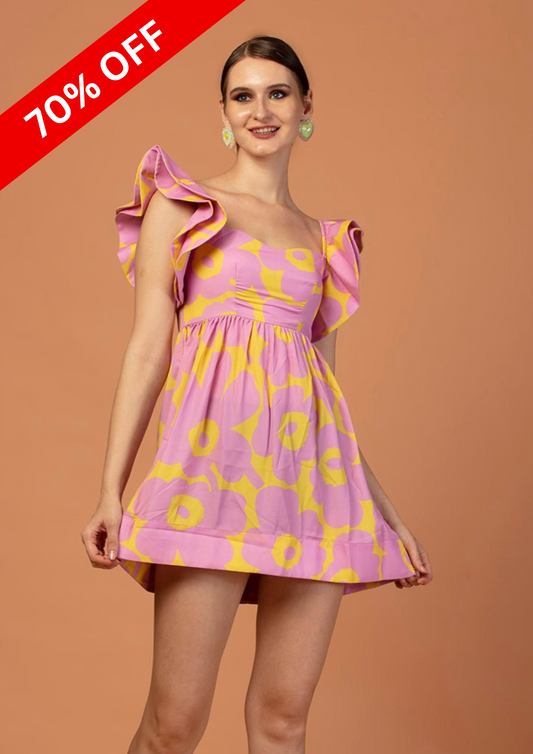 FLORAL PINK FRILL SHOULDER DRESS