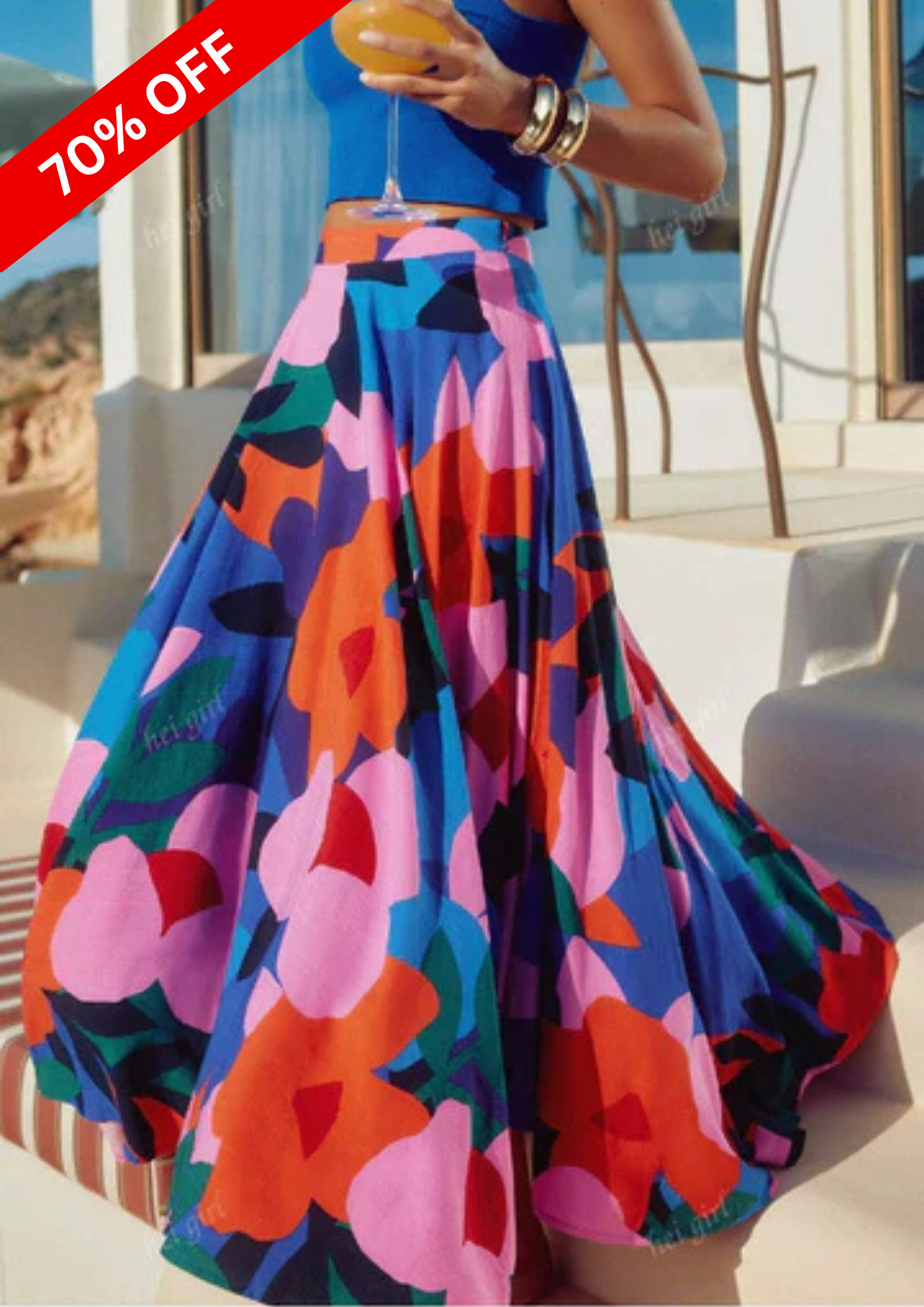 MULTICOLOR BLUE FLORAL PRINT MAXI SKIRT