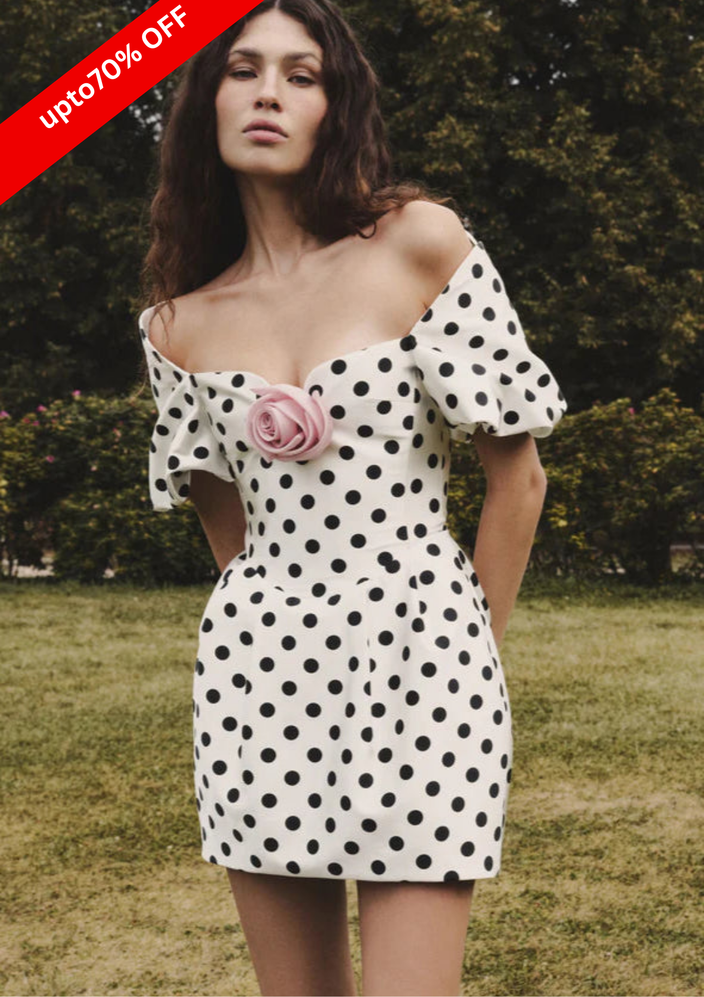 ROSE DETAIL POLKA DOT MINI DRESS