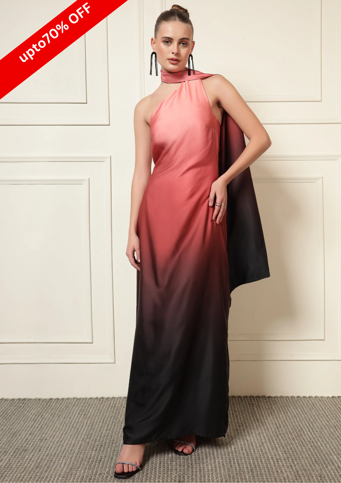 PEACH OMBRE NECK TIE DRESS