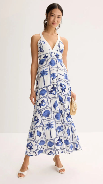 AZURE TILE PRINT FLOWY MAXI DRESS