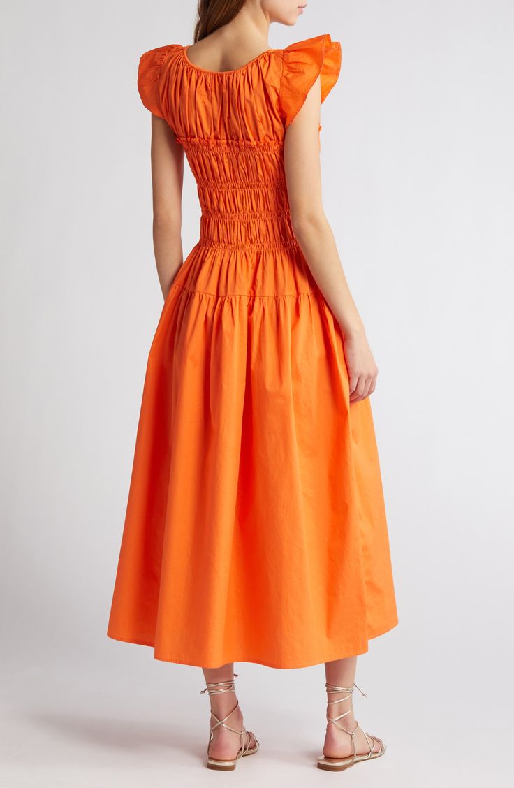 ORANGE SMOCKED BODICE COTTON DRESS