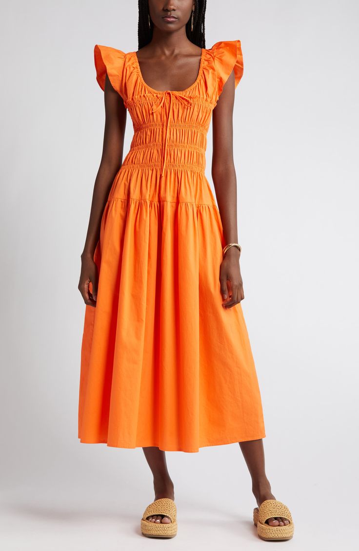 ORANGE SMOCKED BODICE COTTON DRESS