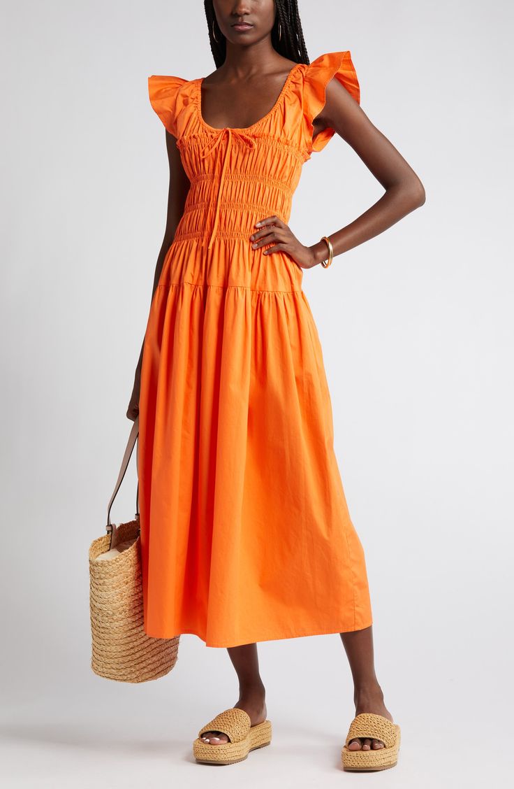 ORANGE SMOCKED BODICE COTTON DRESS