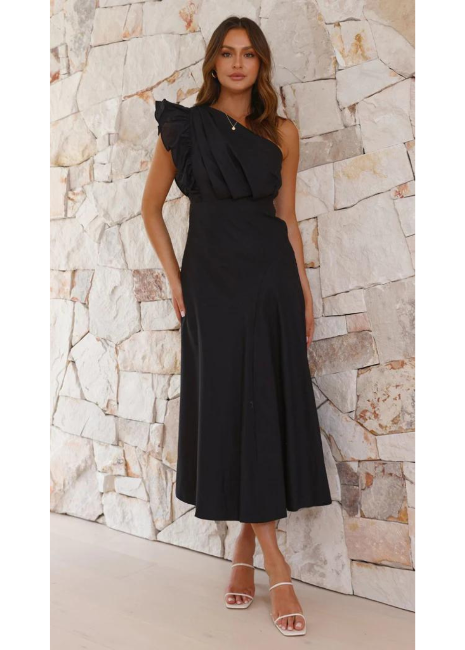 FRILL SHOULDER COTTON MIDI DRESS