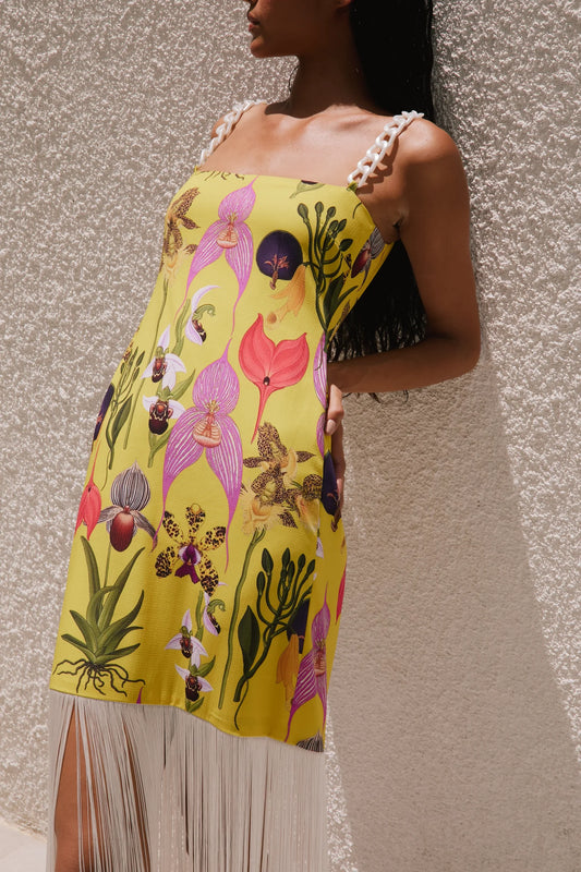 BOTANICA YELLOW PRINT FRINGE DRESS