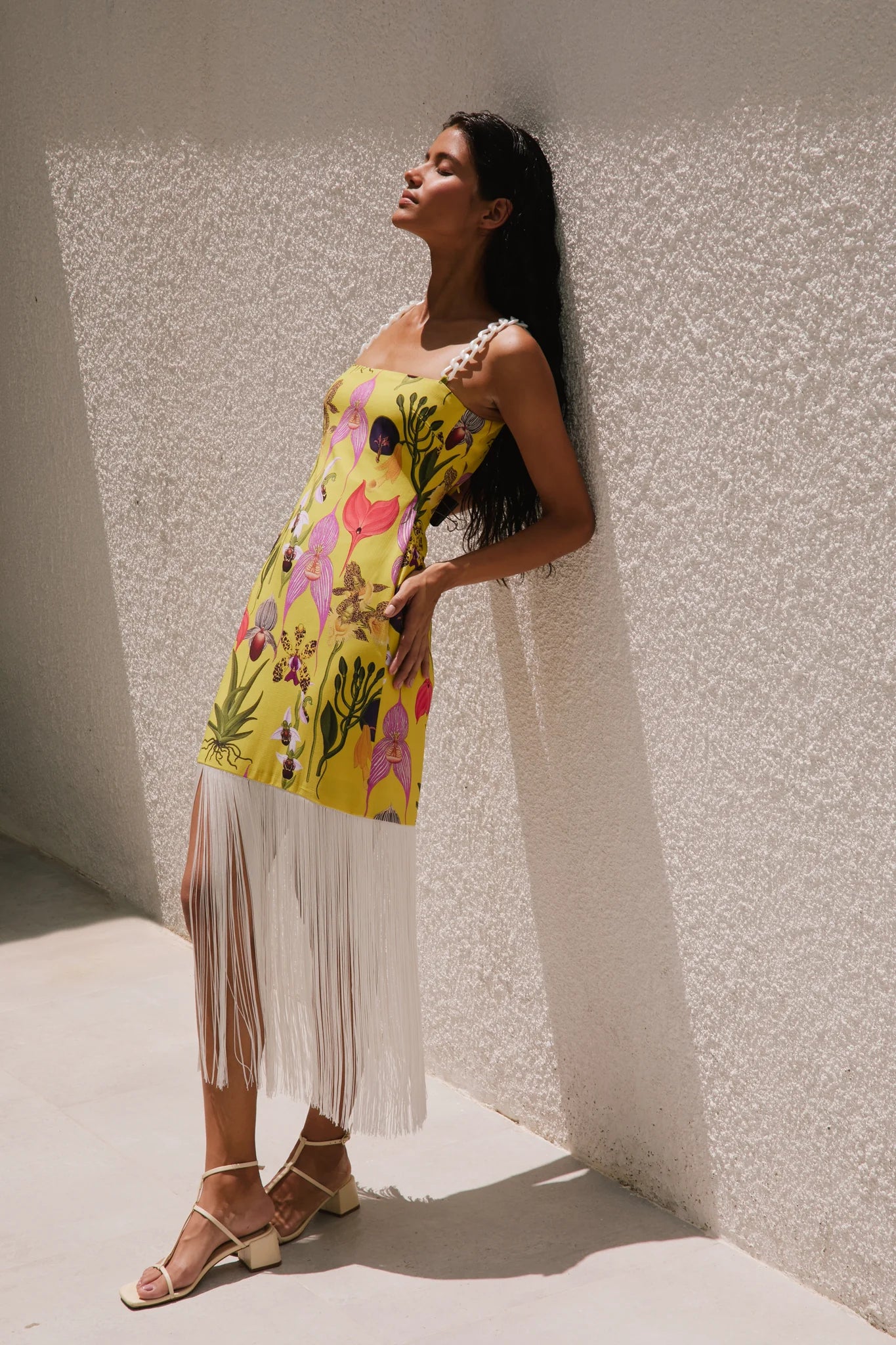 BOTANICA YELLOW PRINT FRINGE DRESS