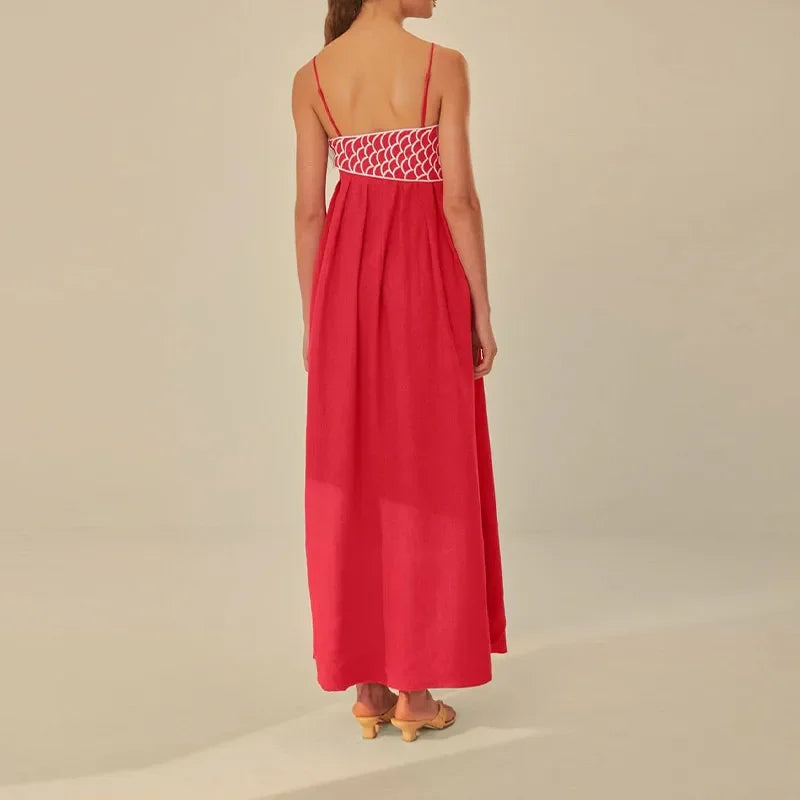 RED FISH EMBROIDERED MAXI DRESS