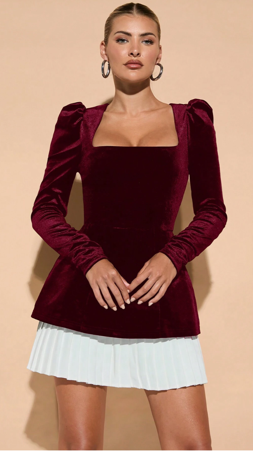 PLEATED HEM VELVET FULL SLEEVE DRESS