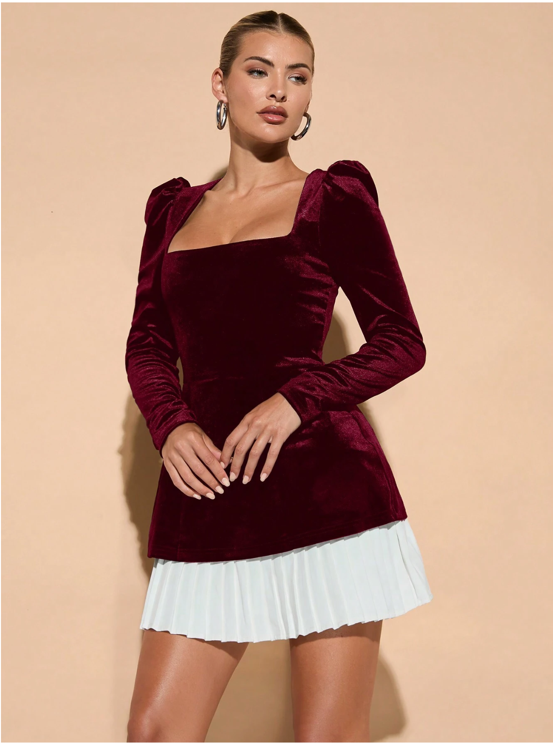 PLEATED HEM VELVET FULL SLEEVE DRESS