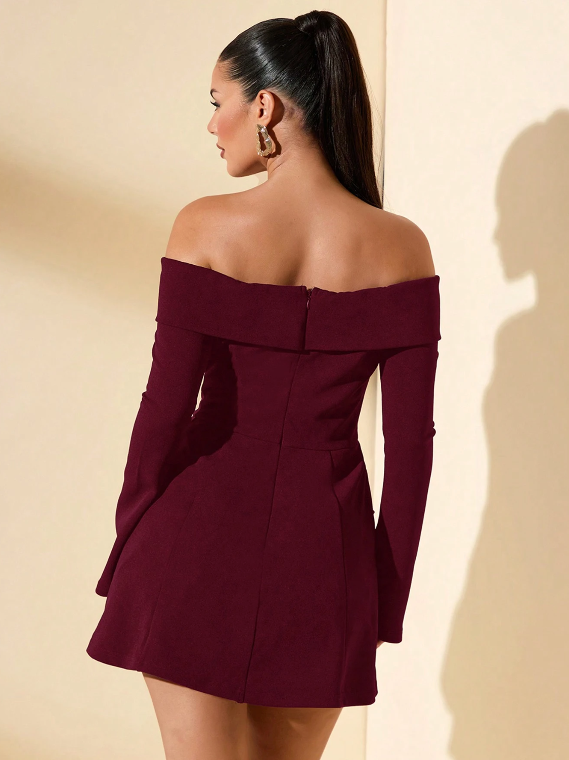 BURGUNDY OFF SHOULDER DRESS WITH LONG SLEEVE