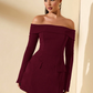 BURGUNDY OFF SHOULDER DRESS WITH LONG SLEEVE