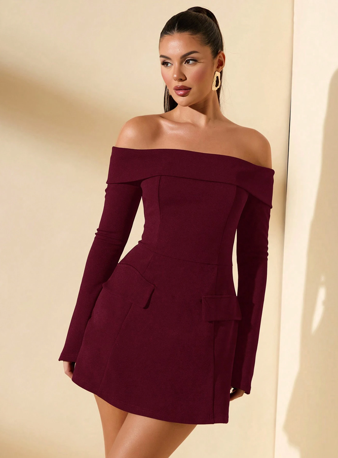 BURGUNDY OFF SHOULDER DRESS WITH LONG SLEEVE