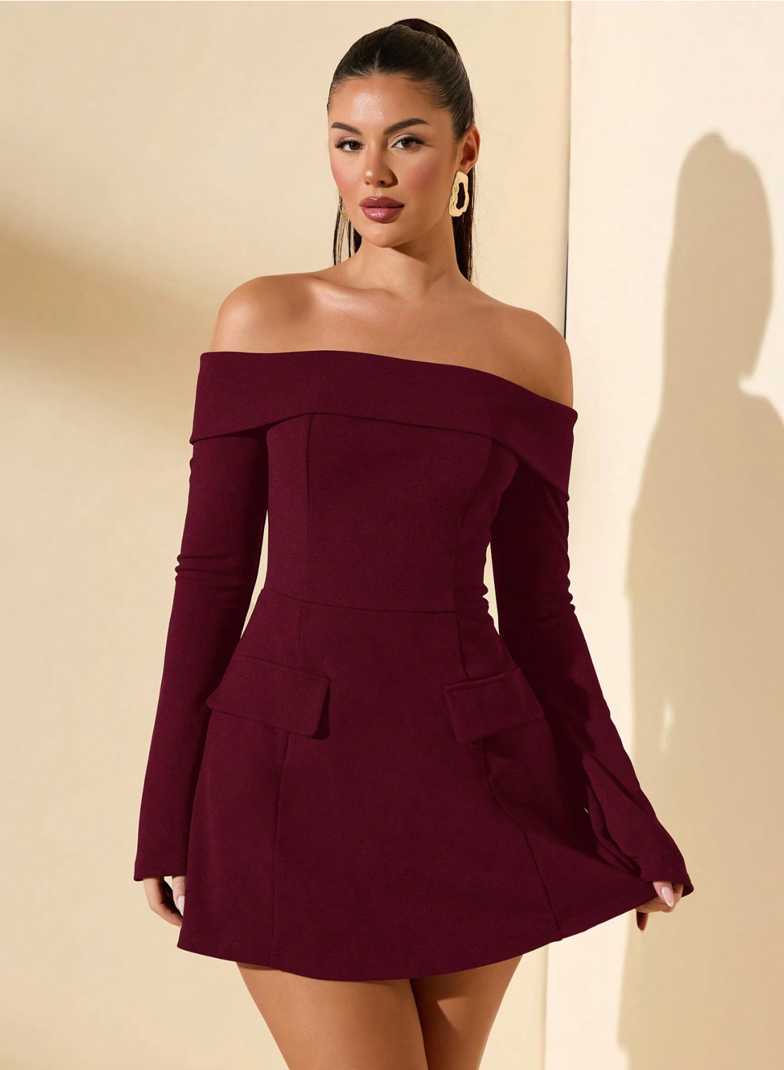BURGUNDY OFF SHOULDER DRESS WITH LONG SLEEVE