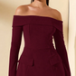 BURGUNDY OFF SHOULDER DRESS WITH LONG SLEEVE