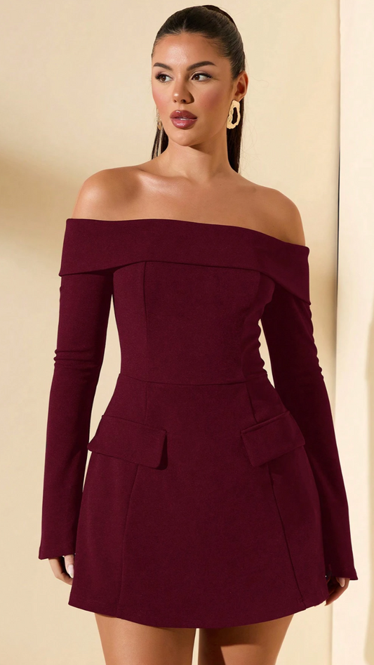 BURGUNDY OFF SHOULDER DRESS WITH LONG SLEEVE