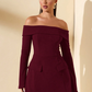 BURGUNDY OFF SHOULDER DRESS WITH LONG SLEEVE