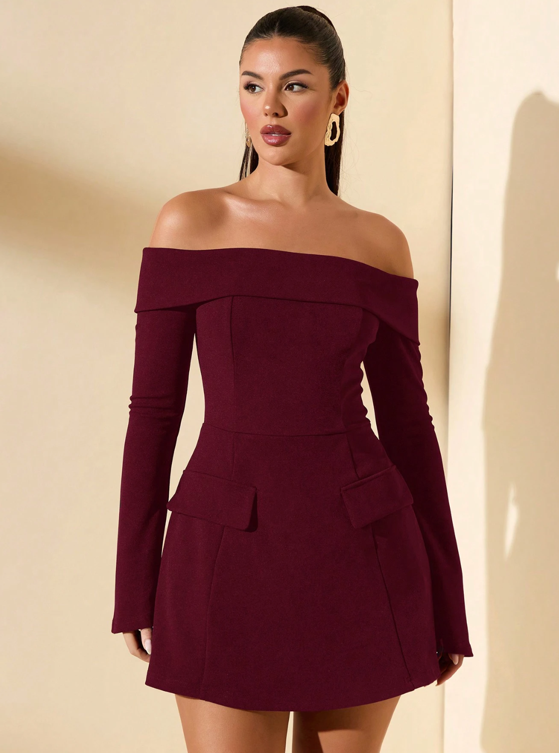 BURGUNDY OFF SHOULDER DRESS WITH LONG SLEEVE