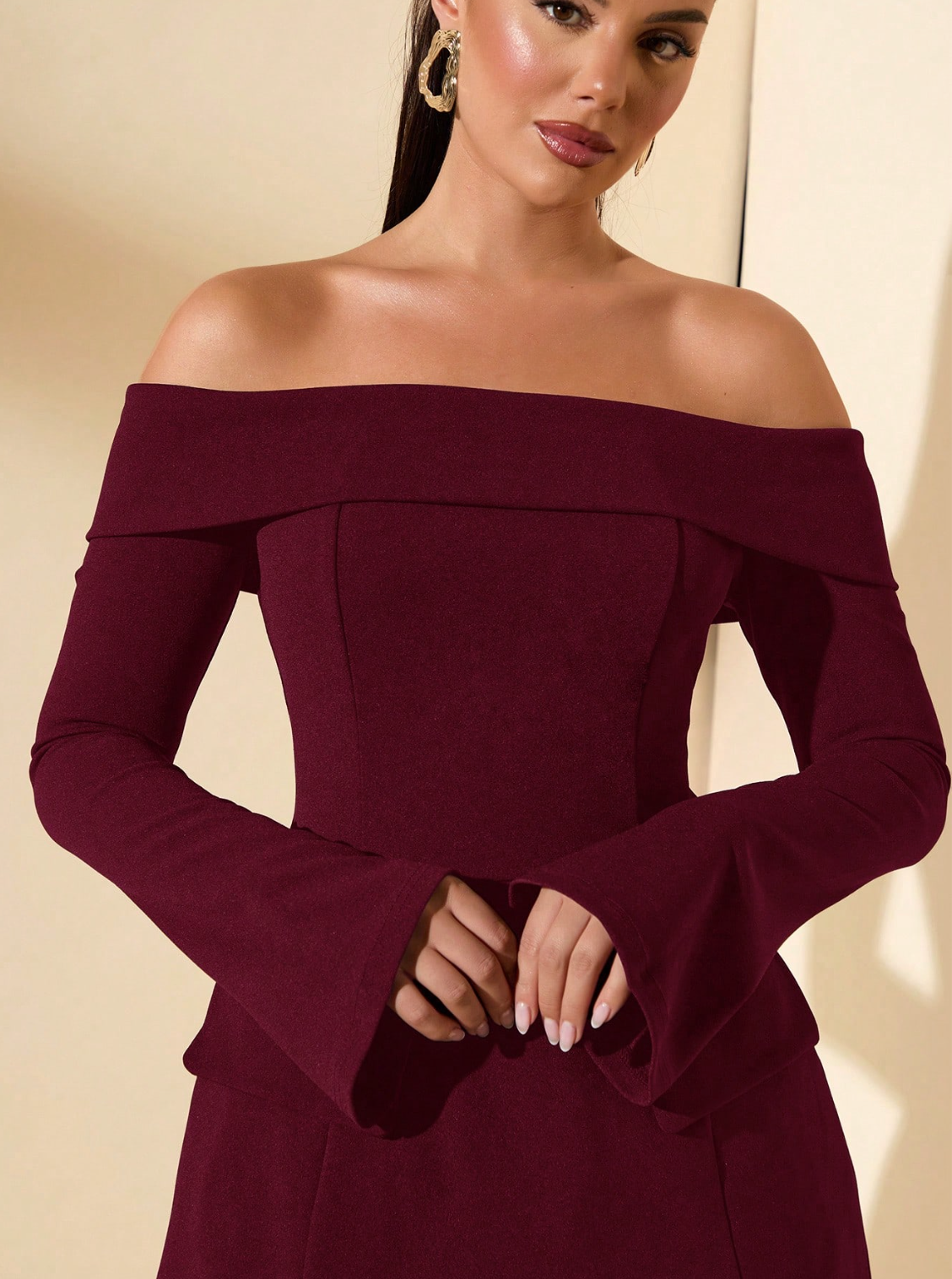 BURGUNDY OFF SHOULDER DRESS WITH LONG SLEEVE