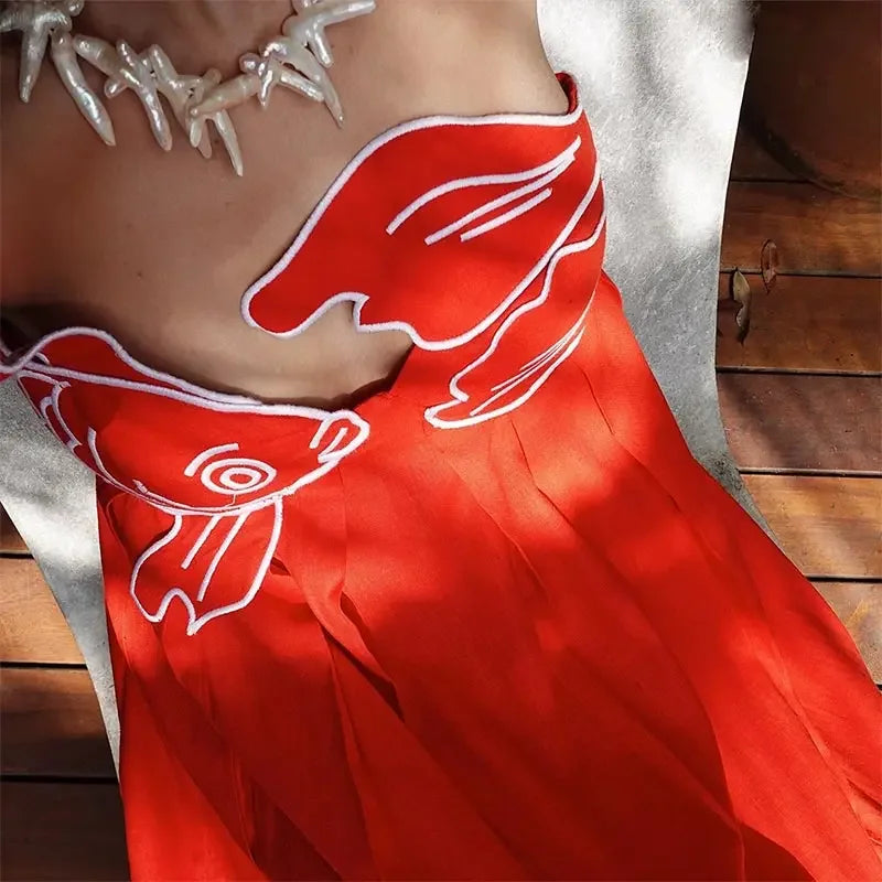 RED FISH EMBROIDERED MAXI DRESS