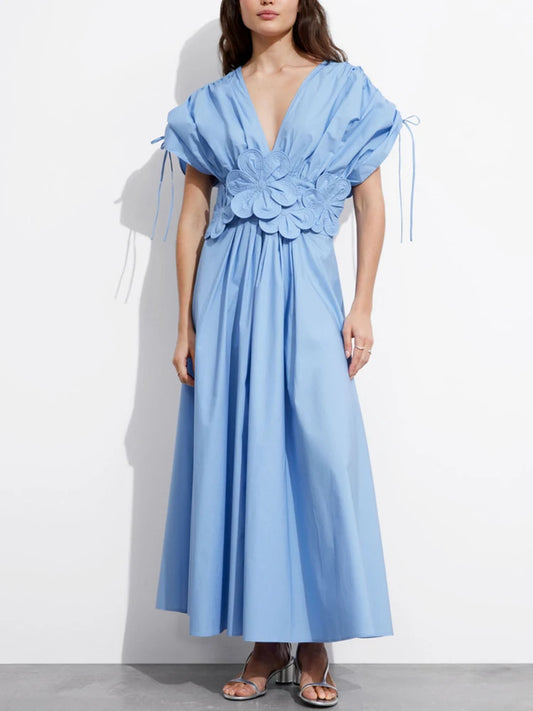 WHITE DREAMY BLUE FLOWER PATCH DRESS