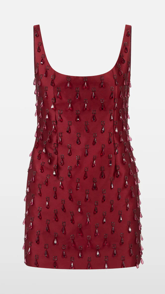 CRYSTAL DROP BURGUNDY MINI DRESS