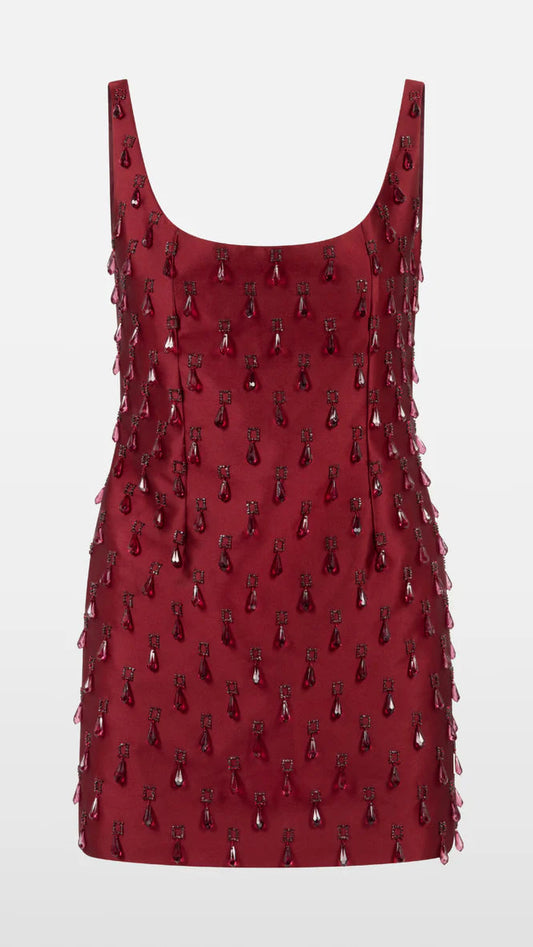 CRYSTAL DROP BURGUNDY MINI DRESS
