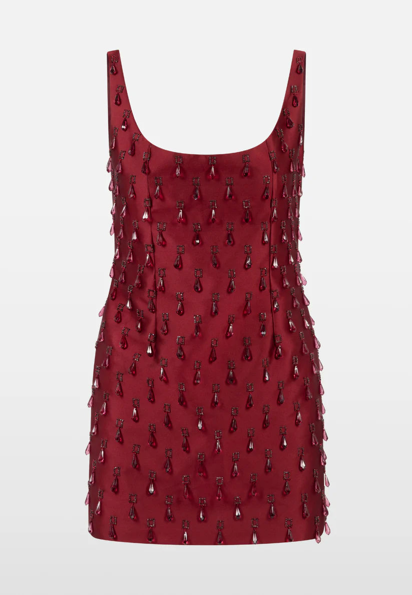 CRYSTAL DROP BURGUNDY MINI DRESS