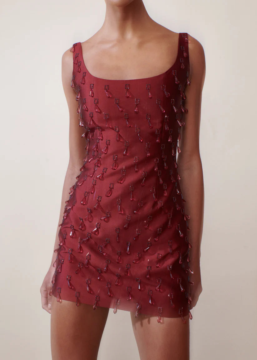 CRYSTAL DROP BURGUNDY MINI DRESS