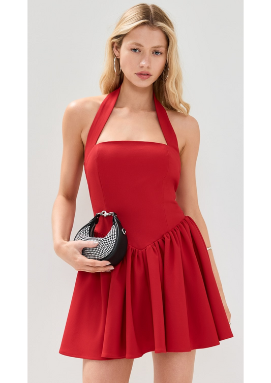 RED BASQUE WAIST MINI DRESS