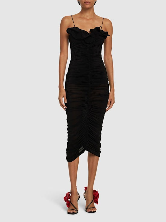 RUCHED STRETCH JERSEY MIDI DRESS