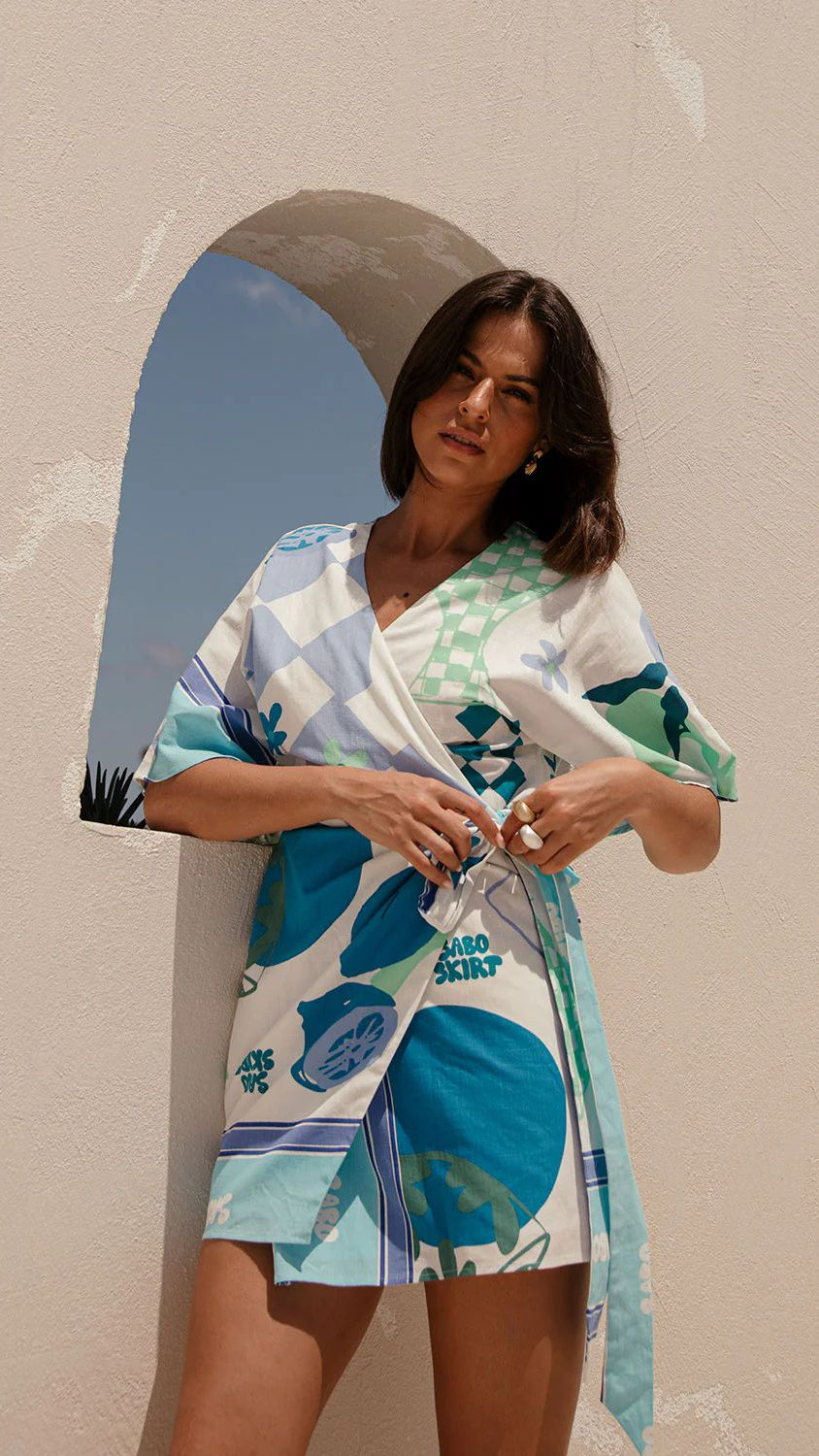 SHADES OF BLUE WRAP SHORT DRESS