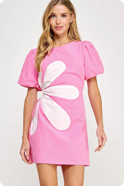 PINK SIDE CUT FLOWER MINI DRESS
