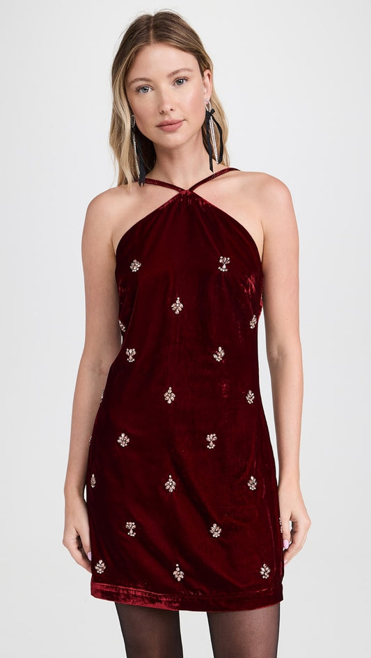 CHERRY VELVET EMBROIDERED DRESS