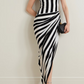 BLACK AND WHITE STRIPED DRAPED  DRESS