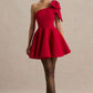RED ONE SHOULDER BOW FLOUNCE DRESS