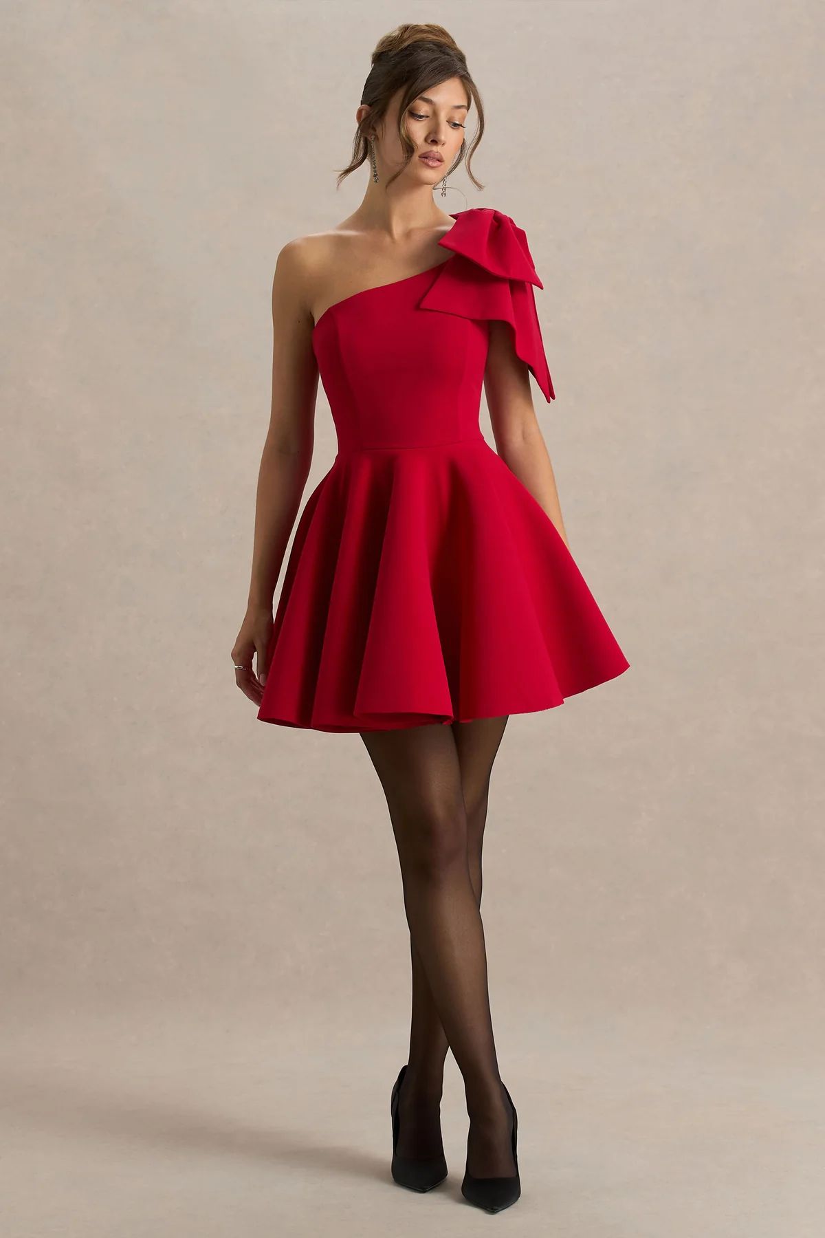 RED ONE SHOULDER BOW FLOUNCE DRESS