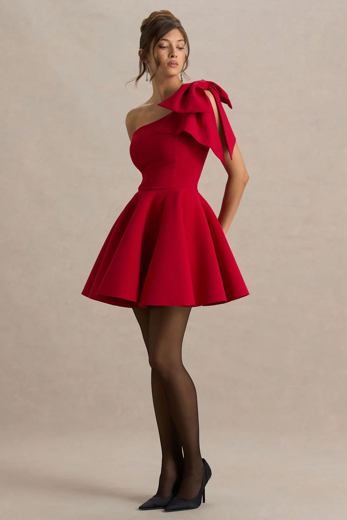 RED ONE SHOULDER BOW FLOUNCE DRESS