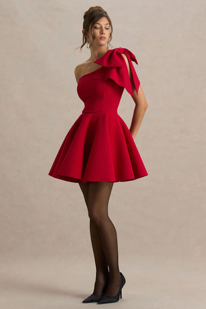 RED ONE SHOULDER BOW FLOUNCE DRESS