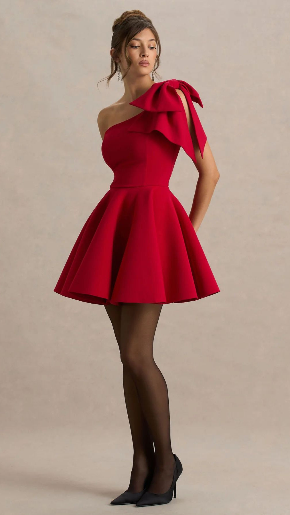 RED ONE SHOULDER BOW FLOUNCE DRESS