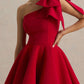 RED ONE SHOULDER BOW FLOUNCE DRESS