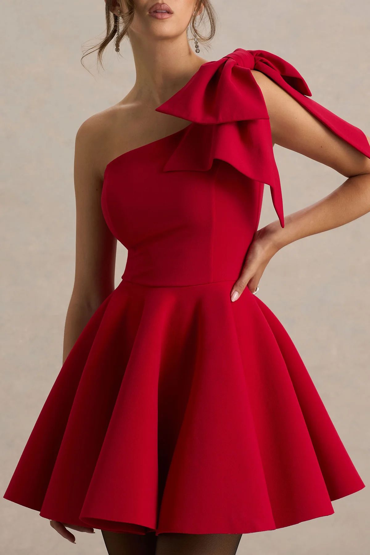 RED ONE SHOULDER BOW FLOUNCE DRESS