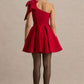 RED ONE SHOULDER BOW FLOUNCE DRESS