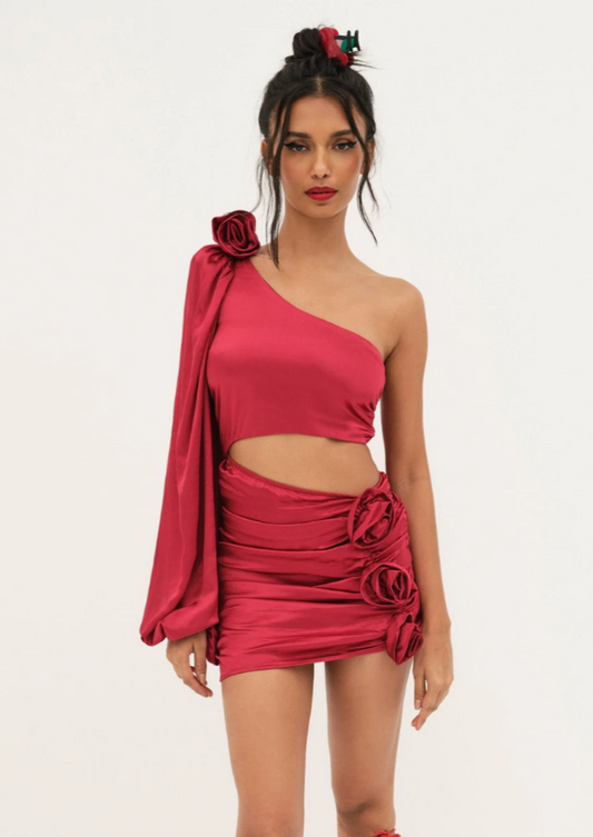 SATIN ONE SHOULDER ROSE PARTY DRESS