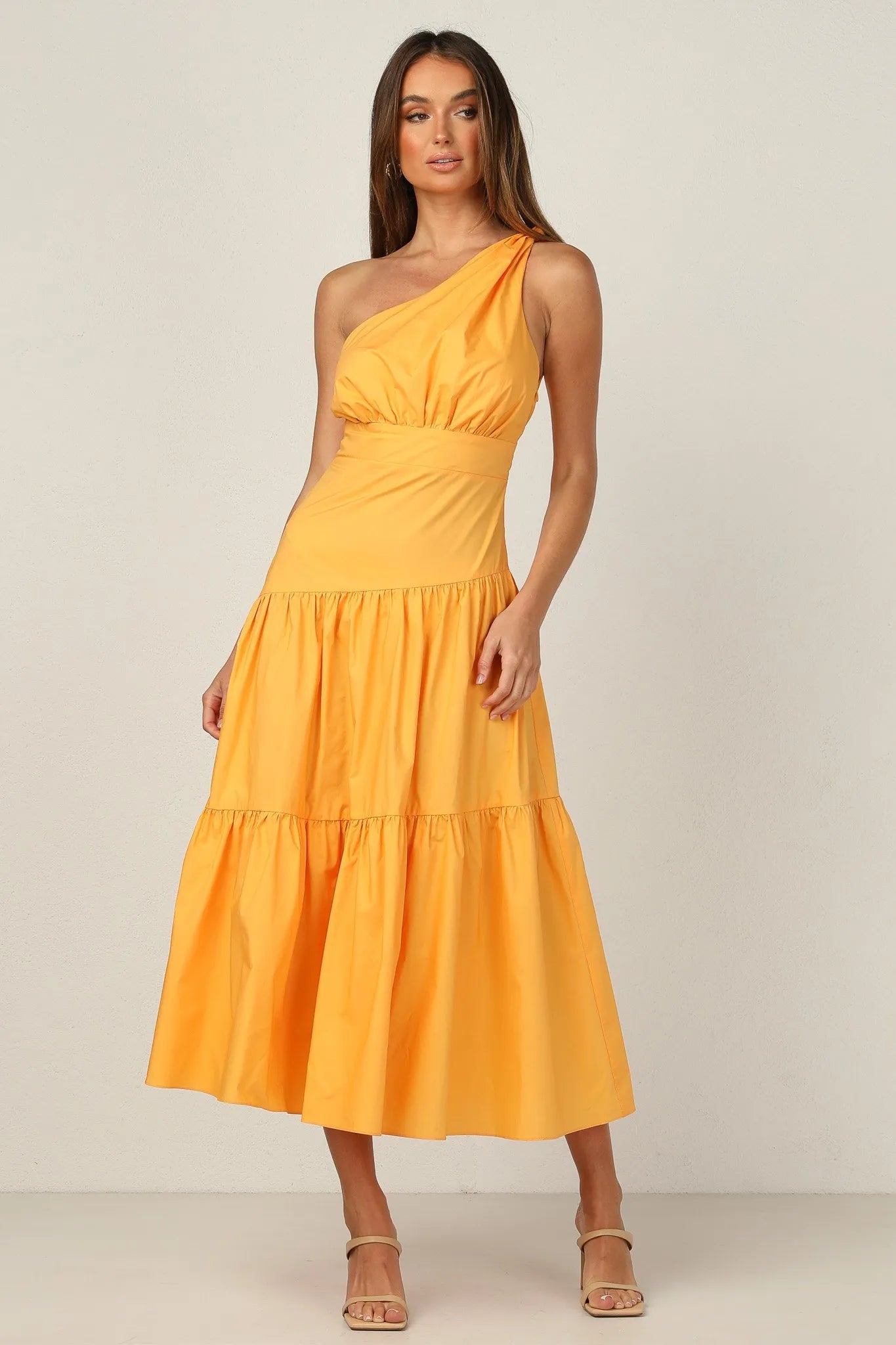 ONE SHOULDER RUCHED YELLOW DRESS