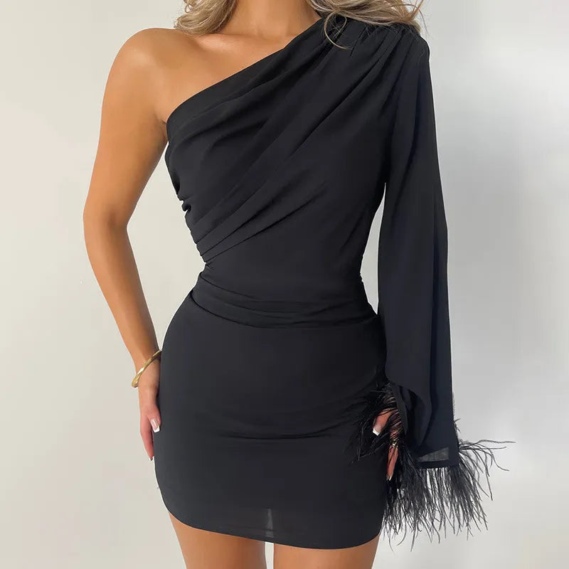 ONE SHOULDER FEATHER LONG SLEEVE DRESS