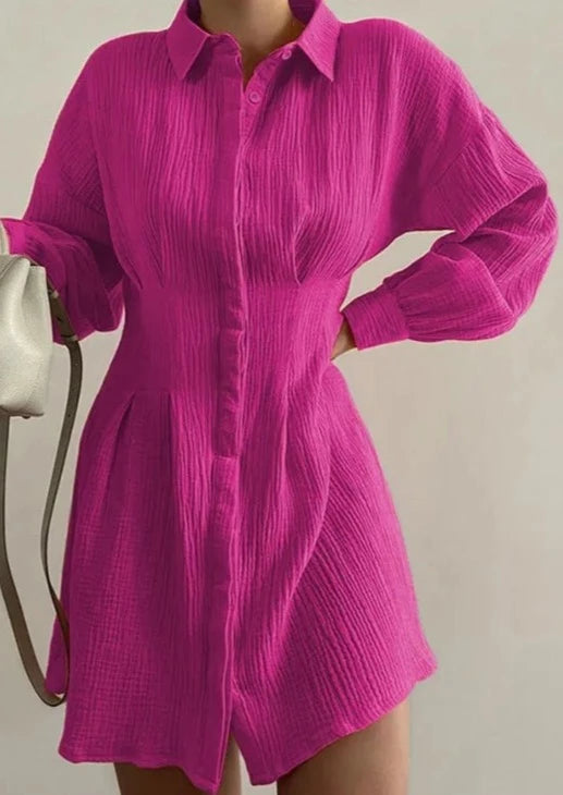 FUSCHIA PLEATED TURN DOWN DRESS