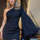 ONE SHOULDER FEATHER LONG SLEEVE DRESS
